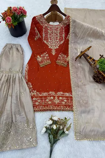 Orange silk blend embroidered sharara set
