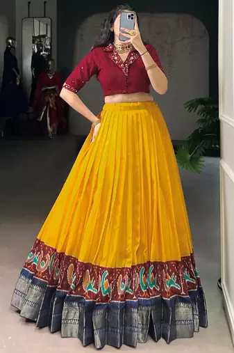 Glamorous Mustard Zari Weaving Cotton Wedding Wear Crop Top Lehenga