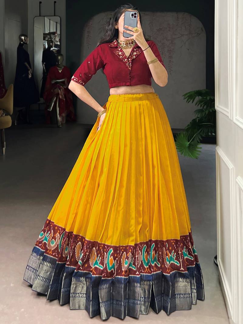 Glamorous Mustard Zari Weaving Cotton Wedding Wear Crop Top Lehenga
