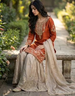 Orange silk blend embroidered sharara set 3