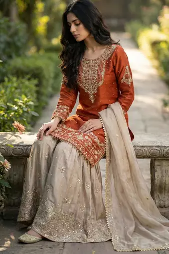 Orange silk blend embroidered sharara set