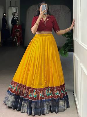Glamorous Mustard Zari Weaving Cotton Wedding Wear Crop Top Lehenga 2