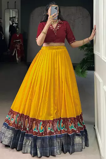 Glamorous Mustard Zari Weaving Cotton Wedding Wear Crop Top Lehenga
