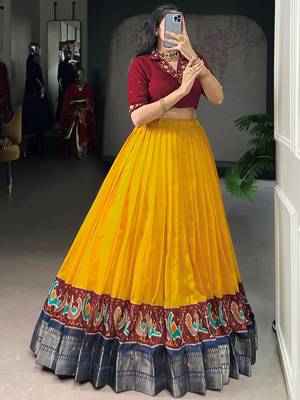 Glamorous Mustard Zari Weaving Cotton Wedding Wear Crop Top Lehenga 3