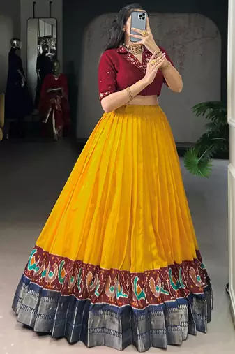 Glamorous Mustard Zari Weaving Cotton Wedding Wear Crop Top Lehenga