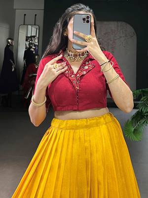 Glamorous Mustard Zari Weaving Cotton Wedding Wear Crop Top Lehenga 4