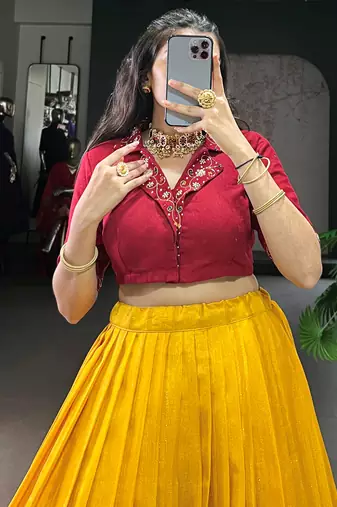 Glamorous Mustard Zari Weaving Cotton Wedding Wear Crop Top Lehenga