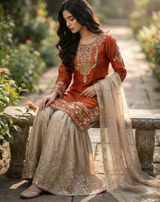 Orange silk blend embroidered sharara set 4