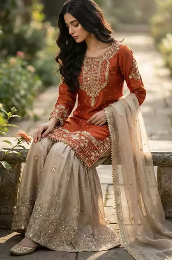 Orange silk blend embroidered sharara set