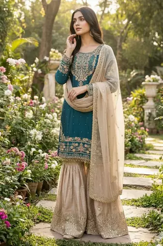 Teal blue silk blend embroidered sharara set
