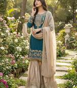 Teal blue silk blend embroidered sharara set