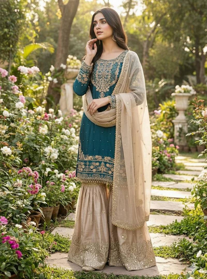 Teal blue silk blend embroidered sharara set