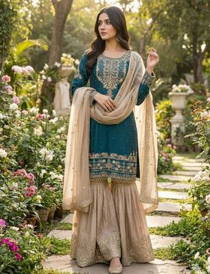 Teal blue silk blend embroidered sharara set 2
