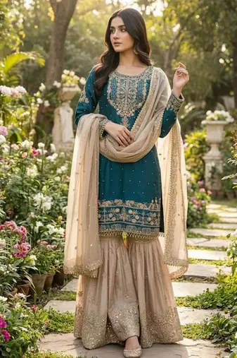 Teal blue silk blend embroidered sharara set