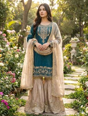 Teal blue silk blend embroidered sharara set 3