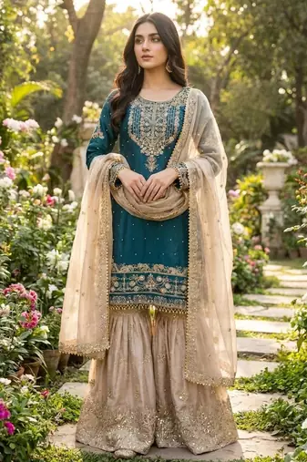 Teal blue silk blend embroidered sharara set