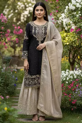 Black silk blend embroidered sharara set