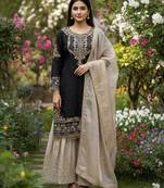 Black silk blend embroidered sharara set