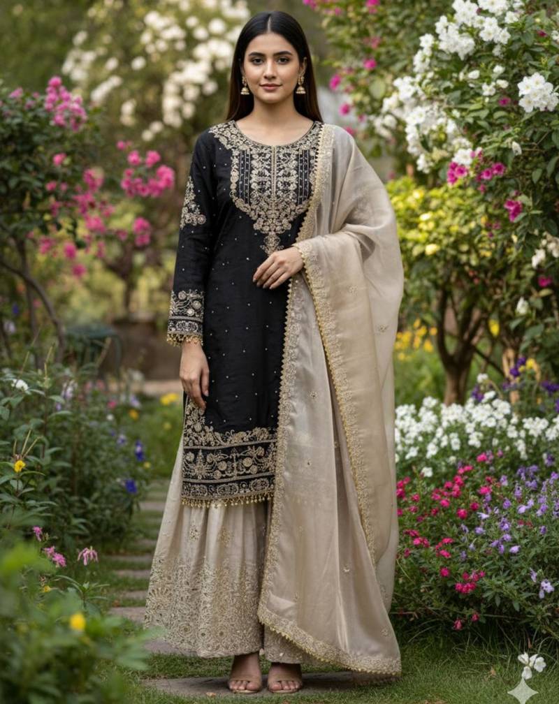 Black silk blend embroidered sharara set