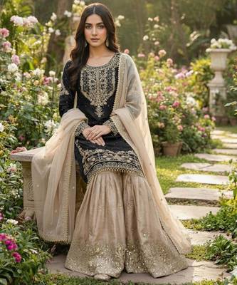 Black silk blend embroidered sharara set 2