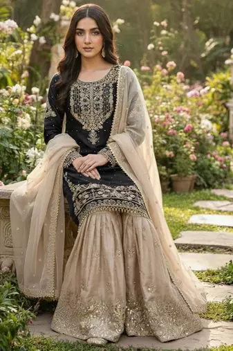 Black silk blend embroidered sharara set