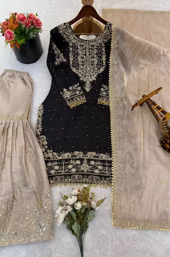 Black silk blend embroidered sharara set