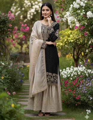 Black silk blend embroidered sharara set 4