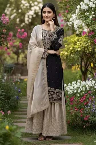Black silk blend embroidered sharara set