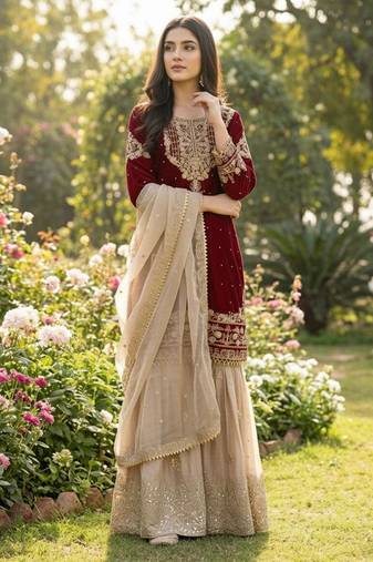 Maroon silk blend embroidered sharara set
