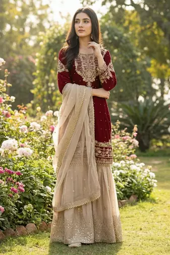 Maroon silk blend embroidered sharara set