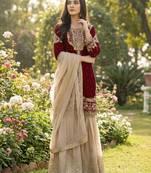 Maroon silk blend embroidered sharara set
