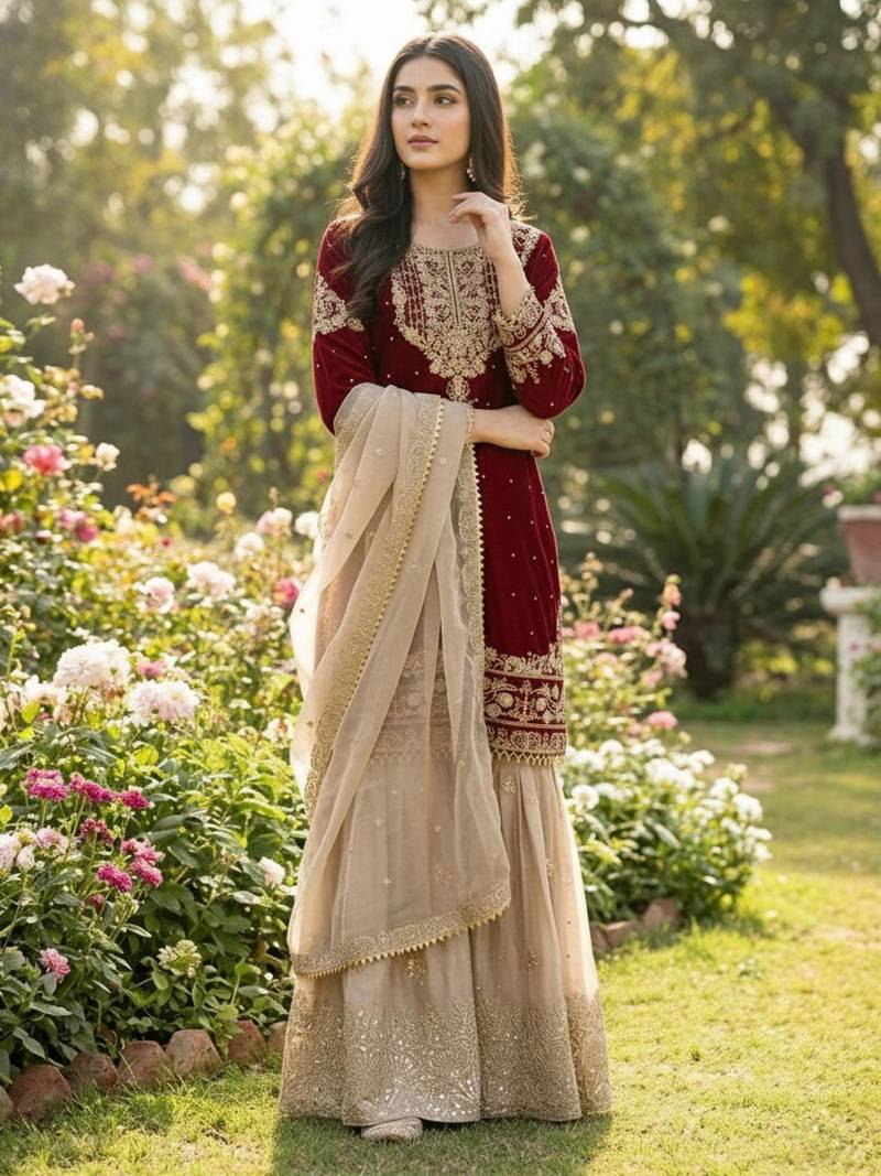 Maroon silk blend embroidered sharara set