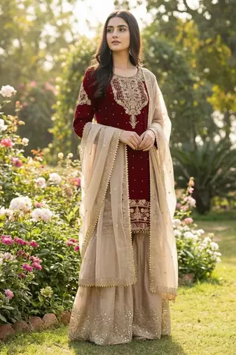 Maroon silk blend embroidered sharara set