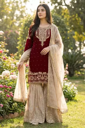 Maroon silk blend embroidered sharara set
