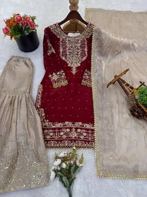 Maroon silk blend embroidered sharara set 4