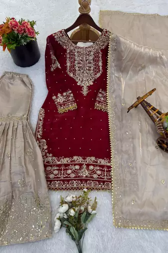 Maroon silk blend embroidered sharara set