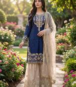 Blue silk blend embroidered sharara set