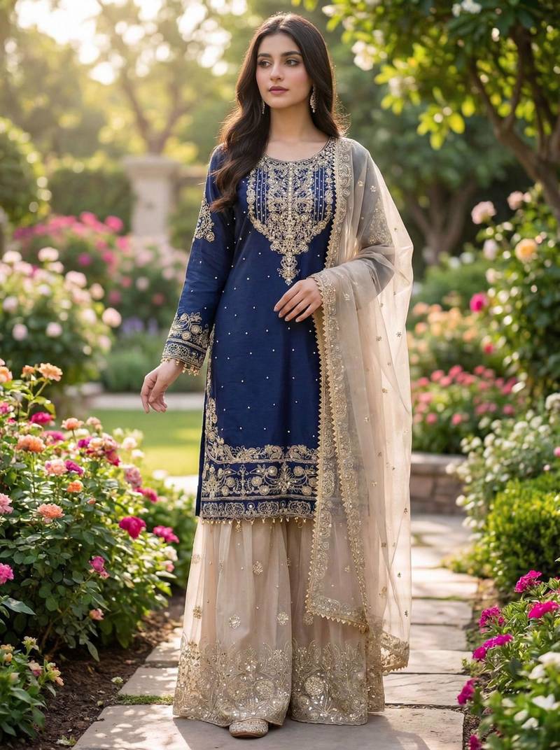 Blue silk blend embroidered sharara set
