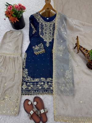 Blue silk blend embroidered sharara set 2