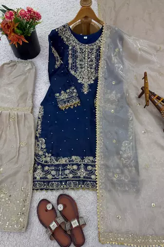 Blue silk blend embroidered sharara set
