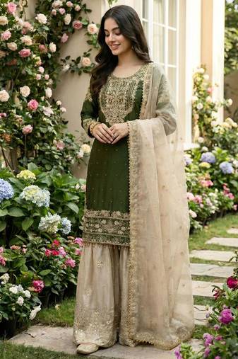 Olive silk blend embroidered sharara set