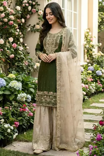 Olive silk blend embroidered sharara set