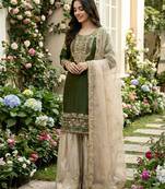 Olive silk blend embroidered sharara set