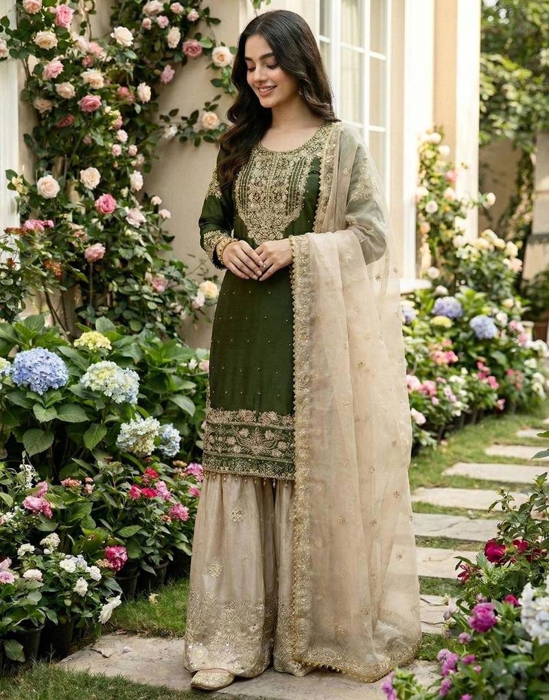 Olive silk blend embroidered sharara set