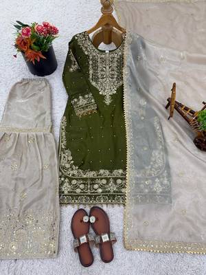 Olive silk blend embroidered sharara set 2