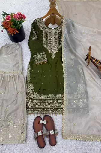 Olive silk blend embroidered sharara set