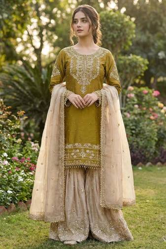 Mustard silk blend embroidered sharara set