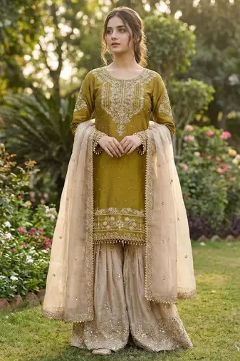 Mustard silk blend embroidered sharara set
