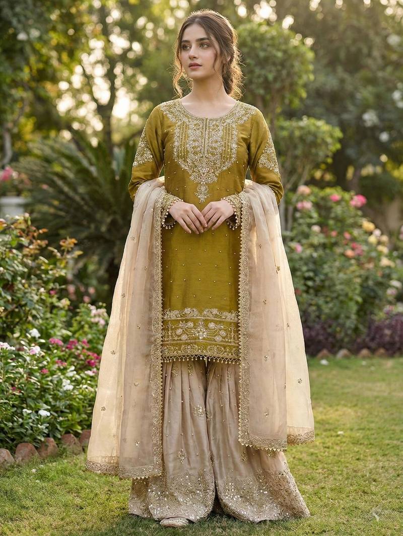 Mustard silk blend embroidered sharara set
