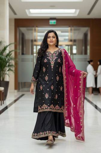 Black georgette embroidered sharara set
